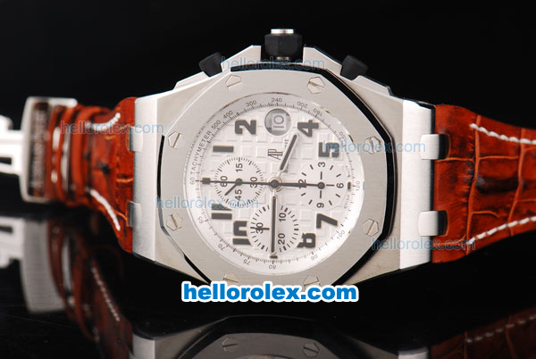 Audemars Piguet Royal Oak Chronograph Swiss Valjoux 7750 Movement White Dial with Black Numeral Marker and Brown Leather Strap - Click Image to Close